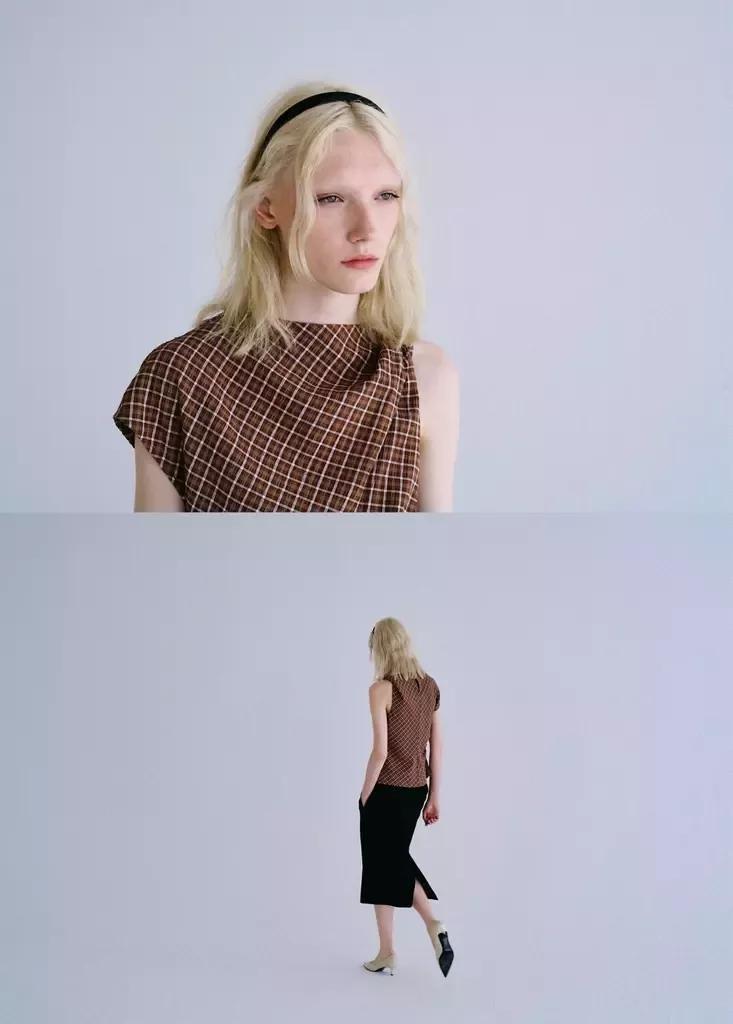Brown Asymmetric Checked Blouse, Brown, medium