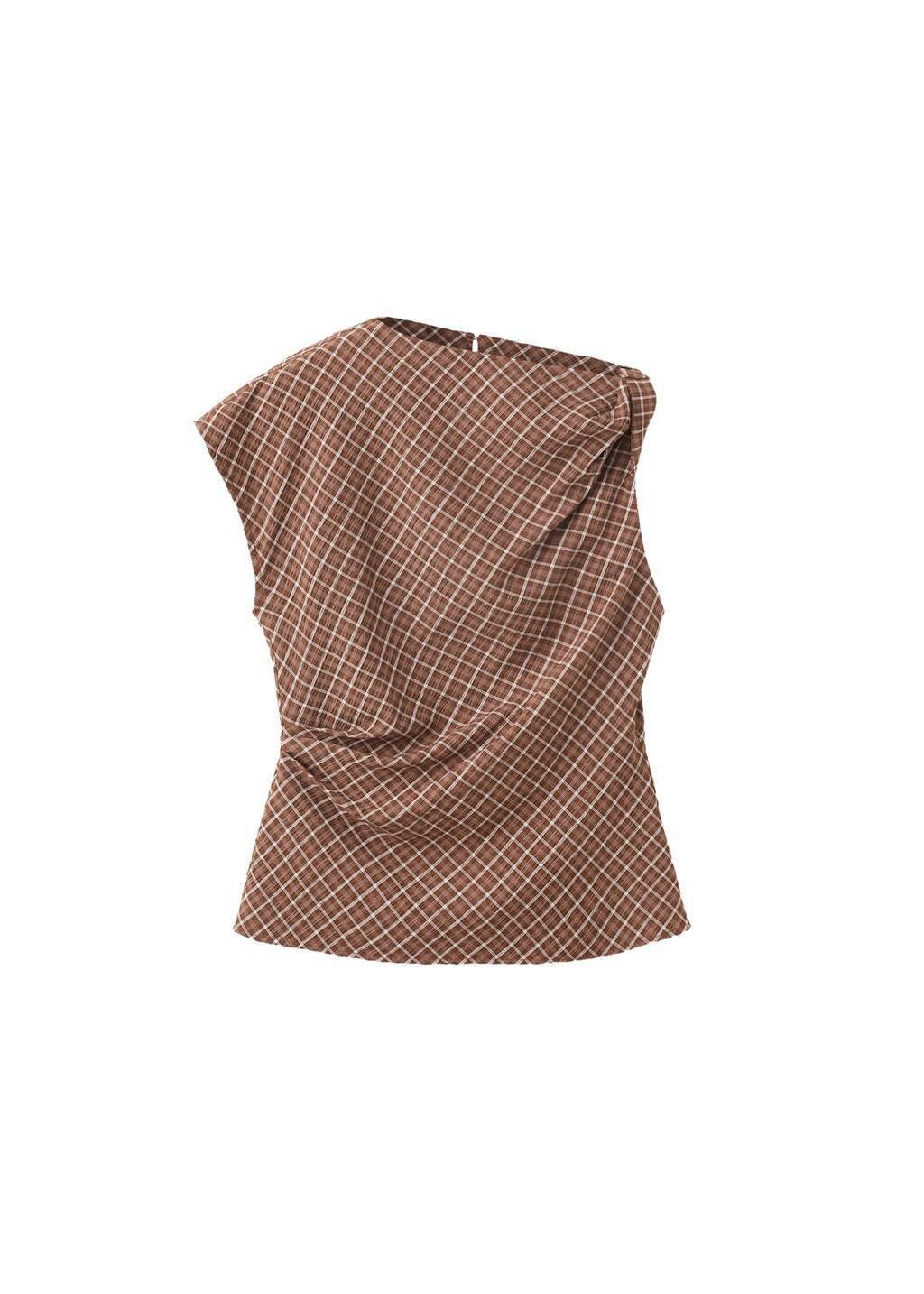 Brown Asymmetric Checked Blouse, Brown, large image number 4