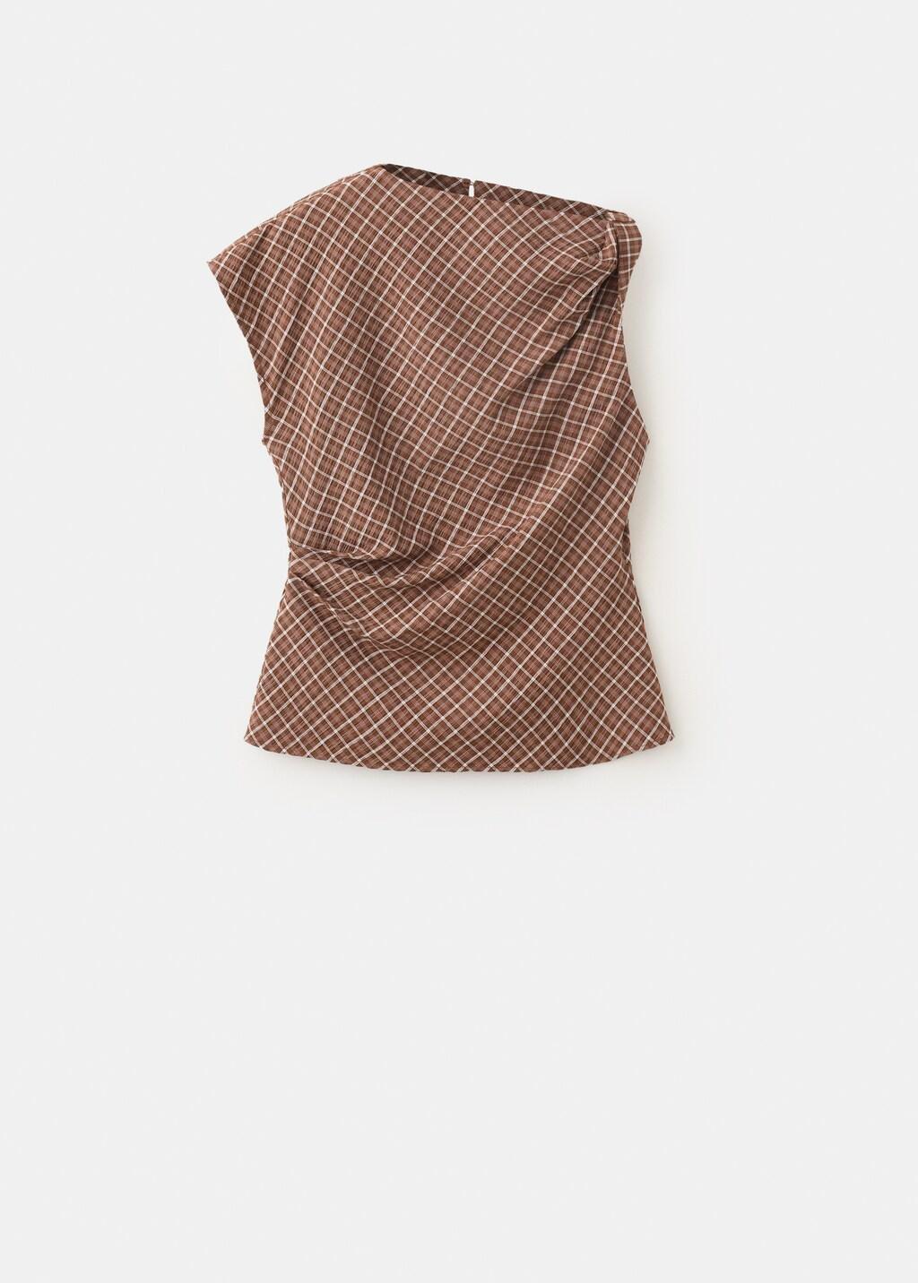 Brown Asymmetric Checked Blouse, Brown, large image number 5