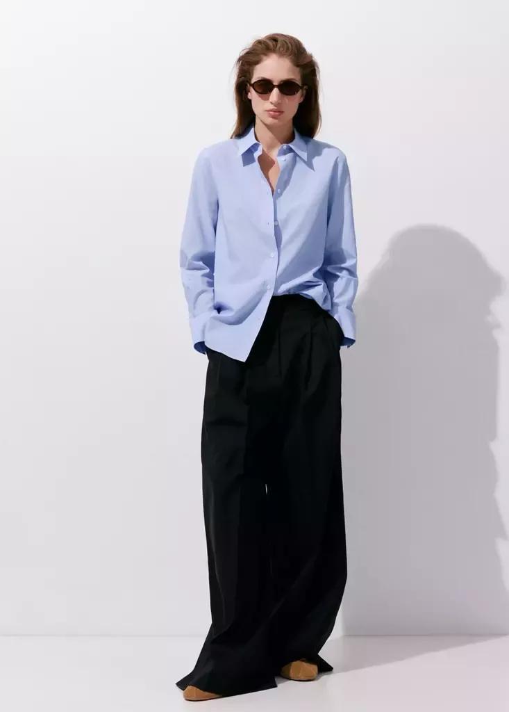 Blue Cotton And Lyocell Blend Straight Shirt, Light-Pastel Blue, large image number 0