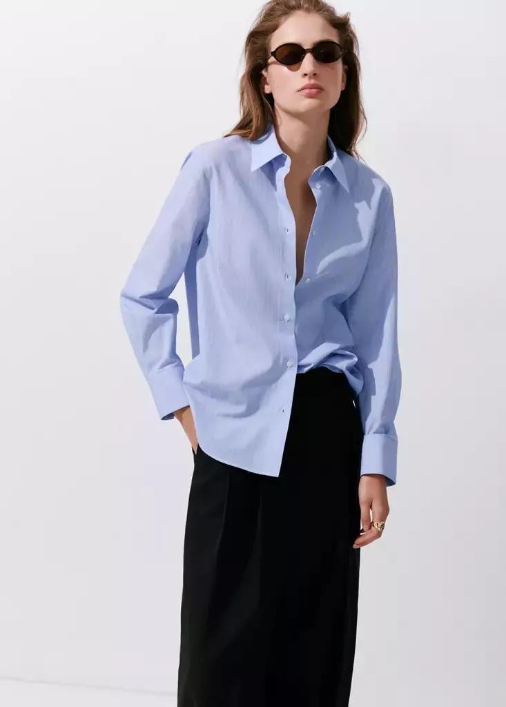 Blue Cotton And Lyocell Blend Straight Shirt, Light-Pastel Blue, medium