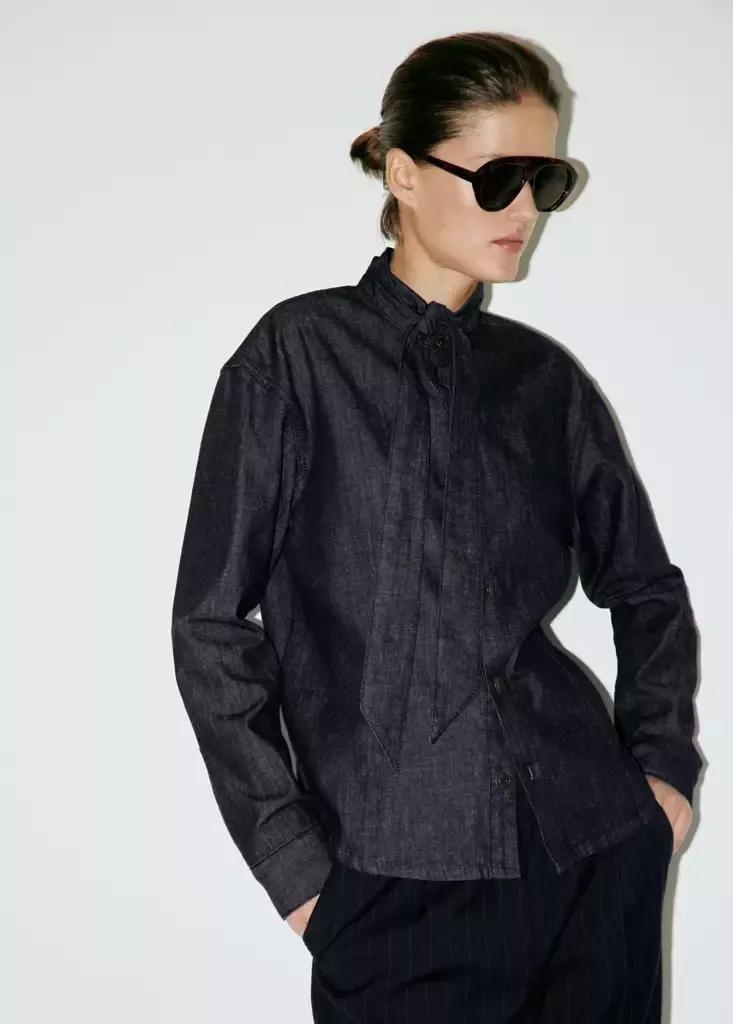 Navy Denim Shirt With Bow, Open Blue, medium