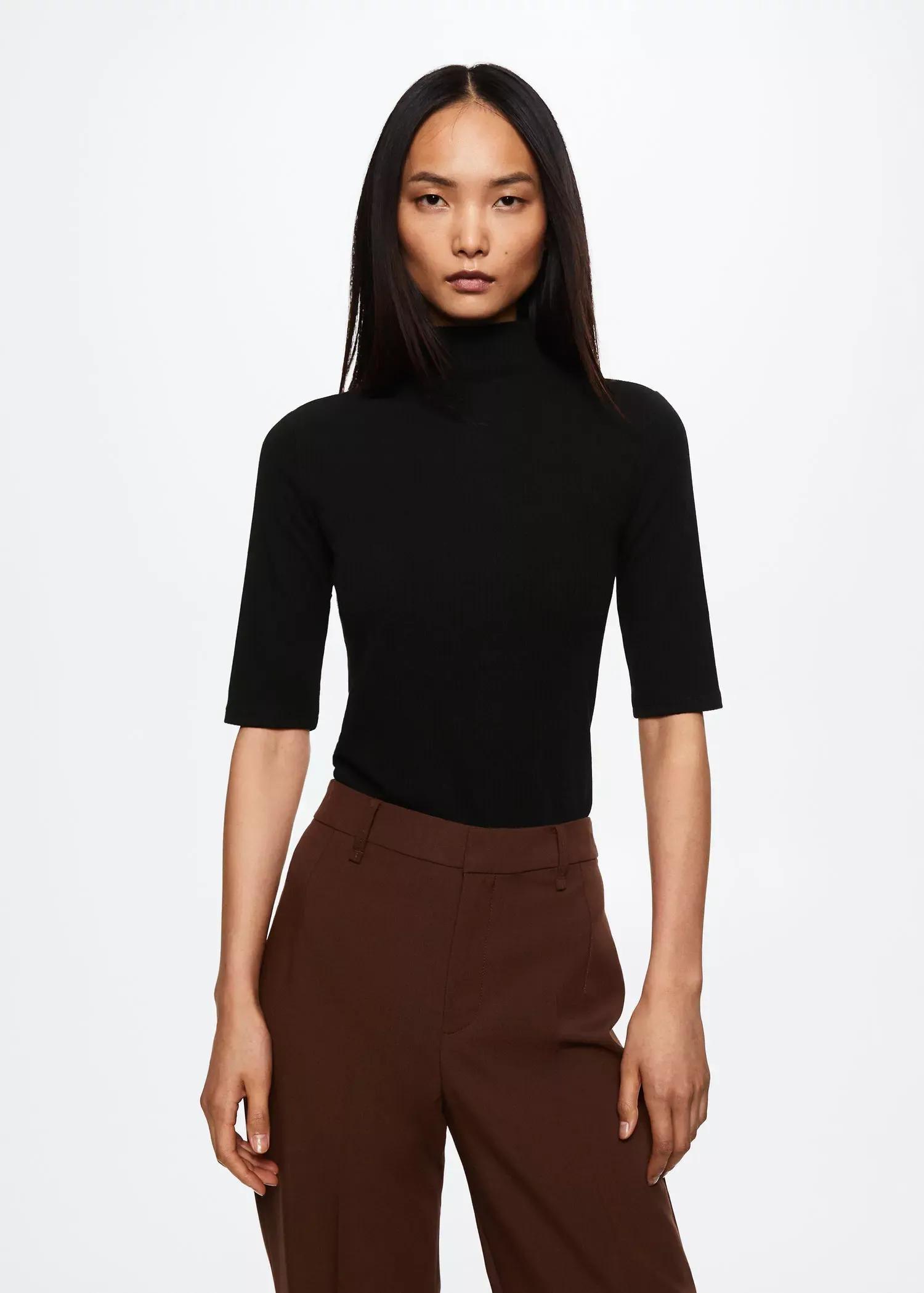 Black Turtle Neck Ribbed T-Shirt, , large image number 0