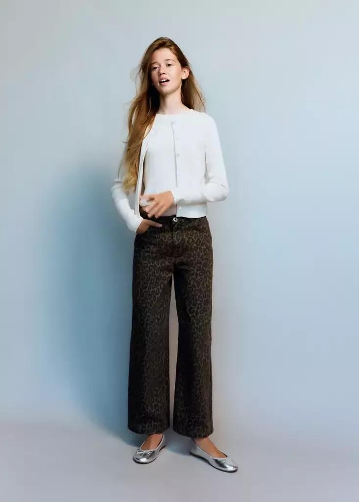 Brown Wide Leg Animal Print Jeans, Brown, large image number 0