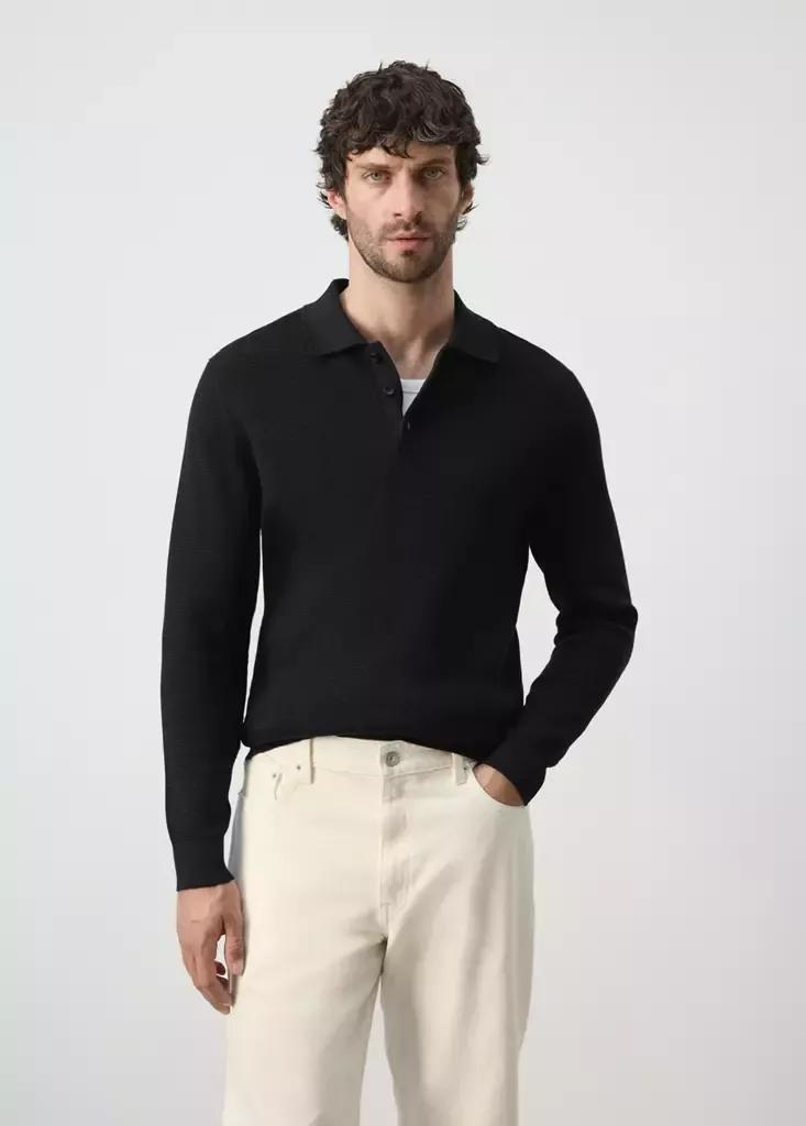 Black Fine-Knit Cotton-Blend Polo Shirt, Black, large image number 1