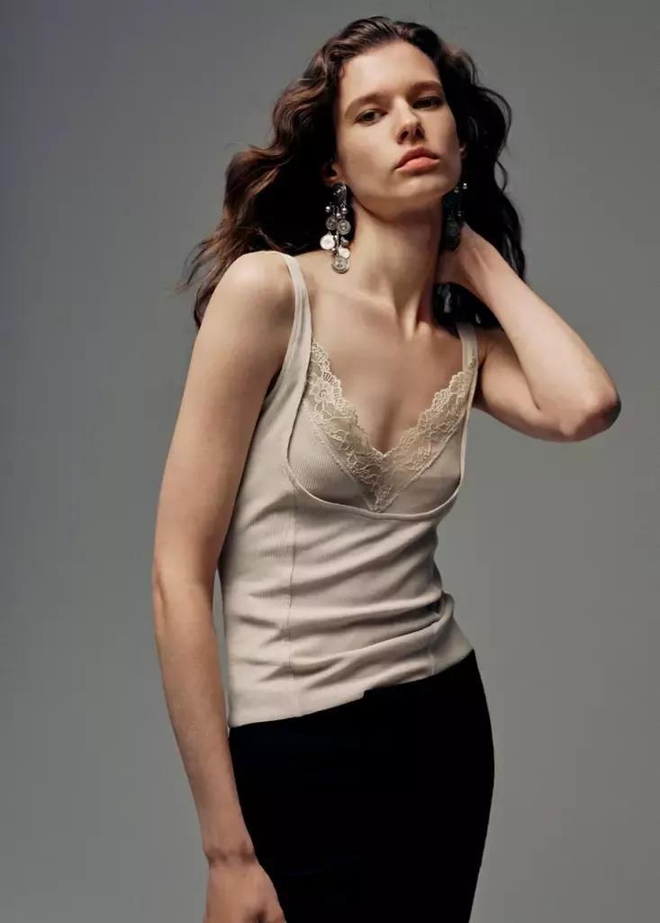 Beige Ribbed Lace Top, , large image number 1