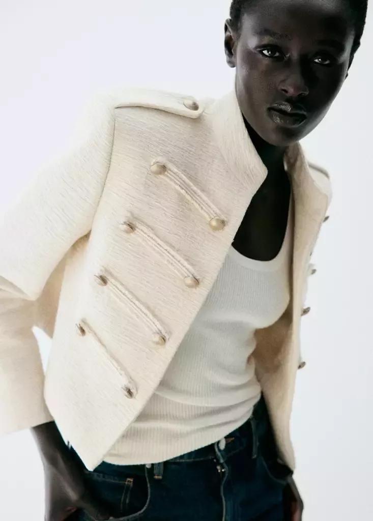 Ecru Tweed Jacket With Decorative Frogging Closures, , medium