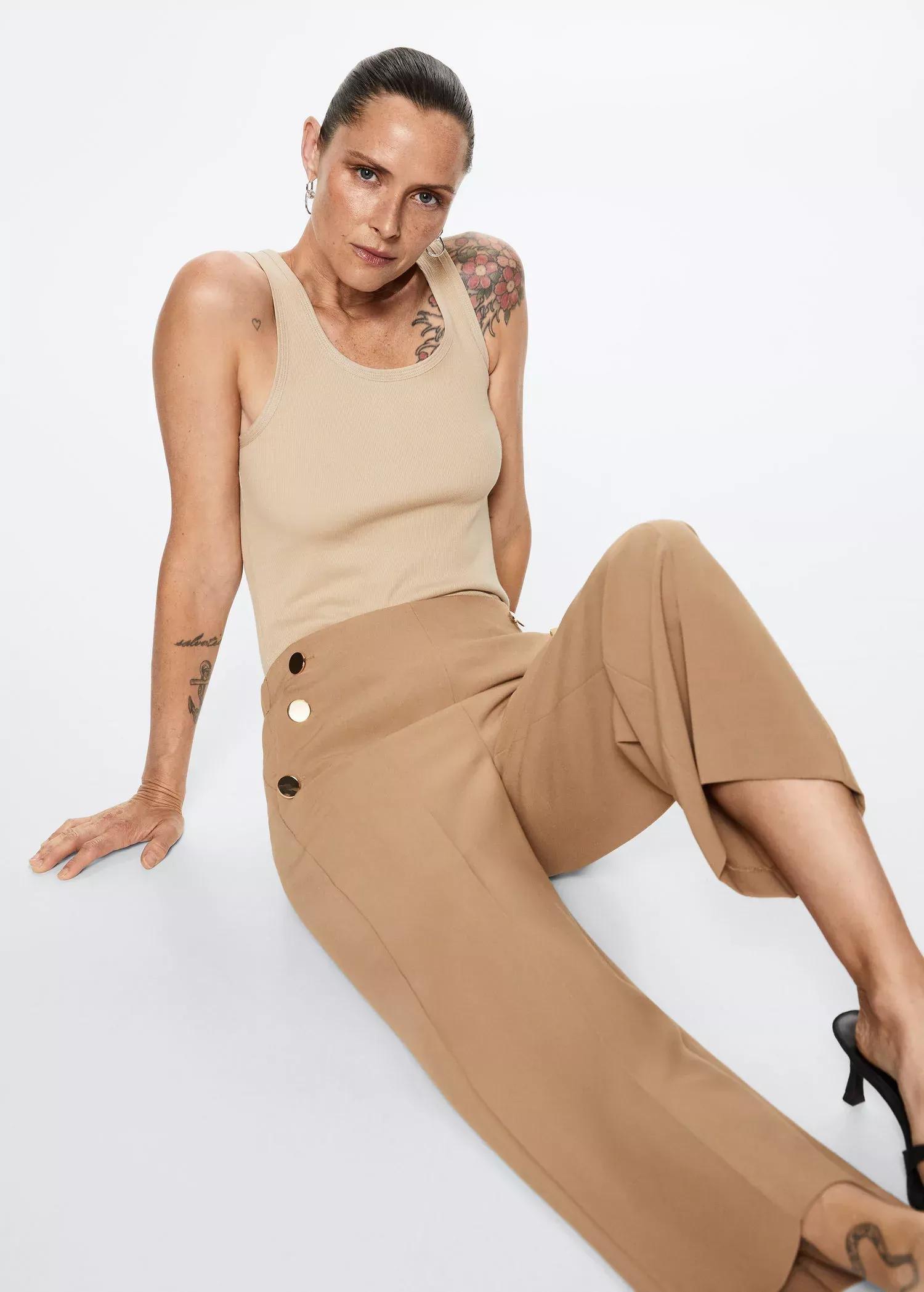 Brown Cropped Button Trousers, , large image number 1
