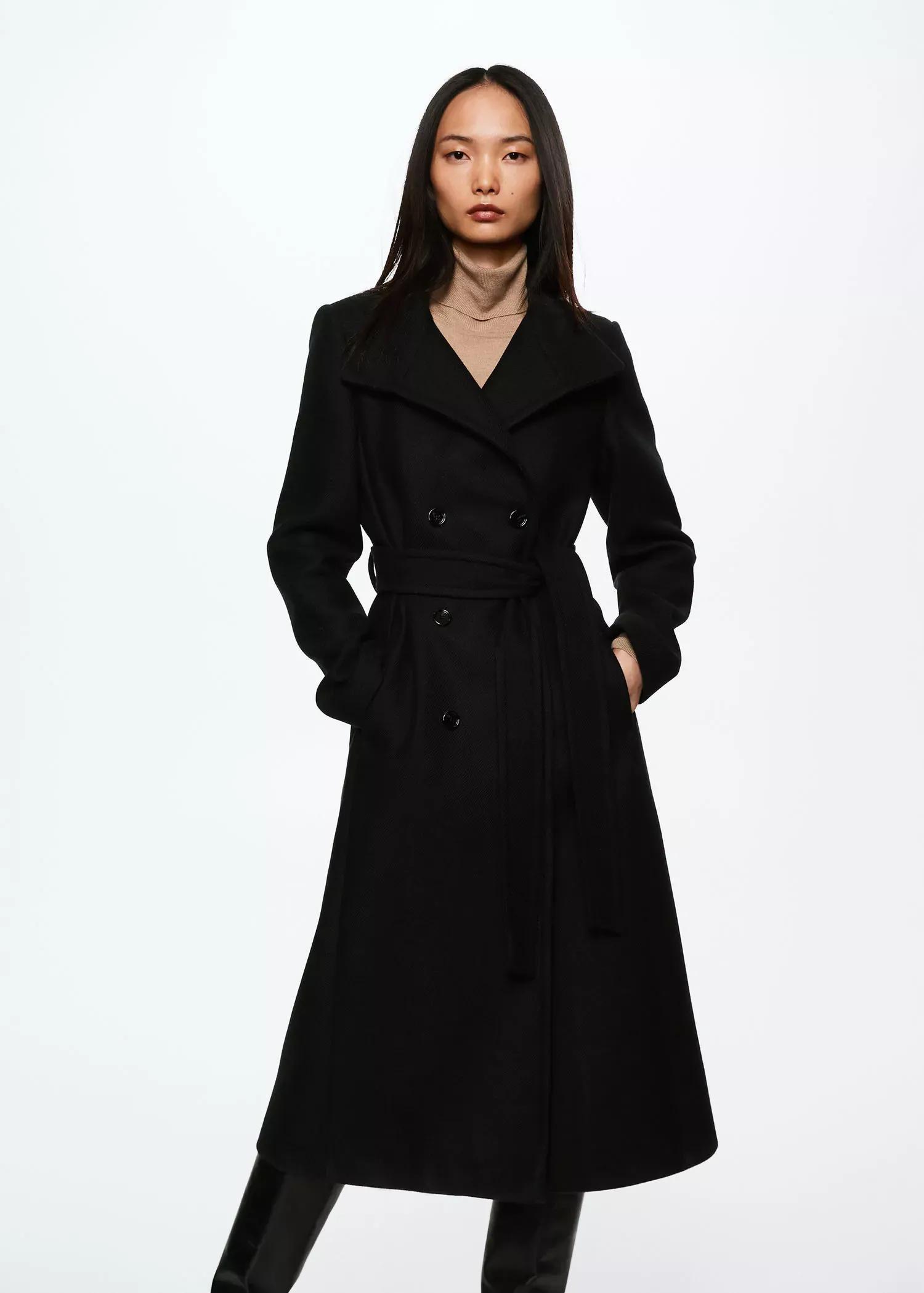Black Woollen Belt Coat, , large image number 0