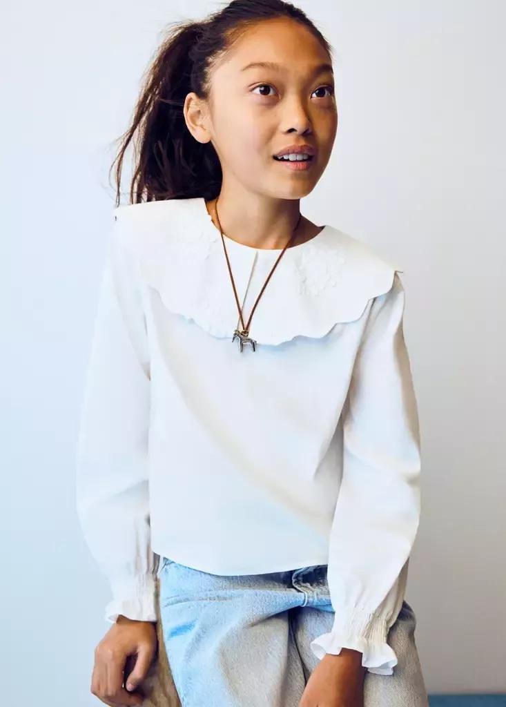 White Embroidered Babydoll-Collar Shirt, Kids Girls, White, medium