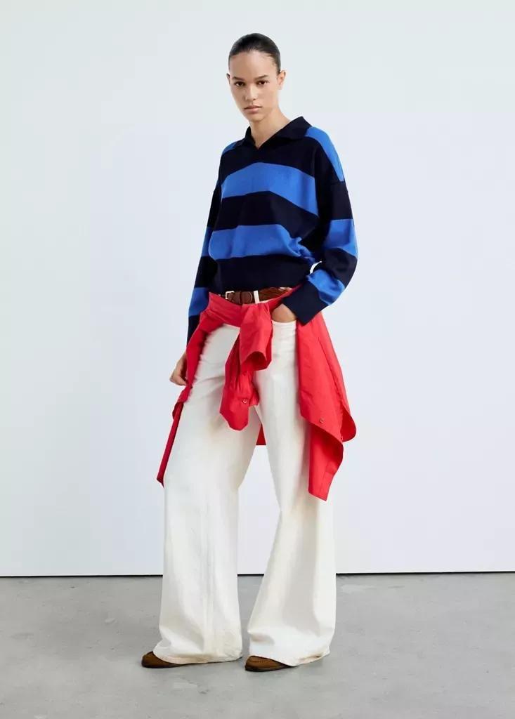 Navy Striped Polo-Neck Sweater, Navy, large image number 0