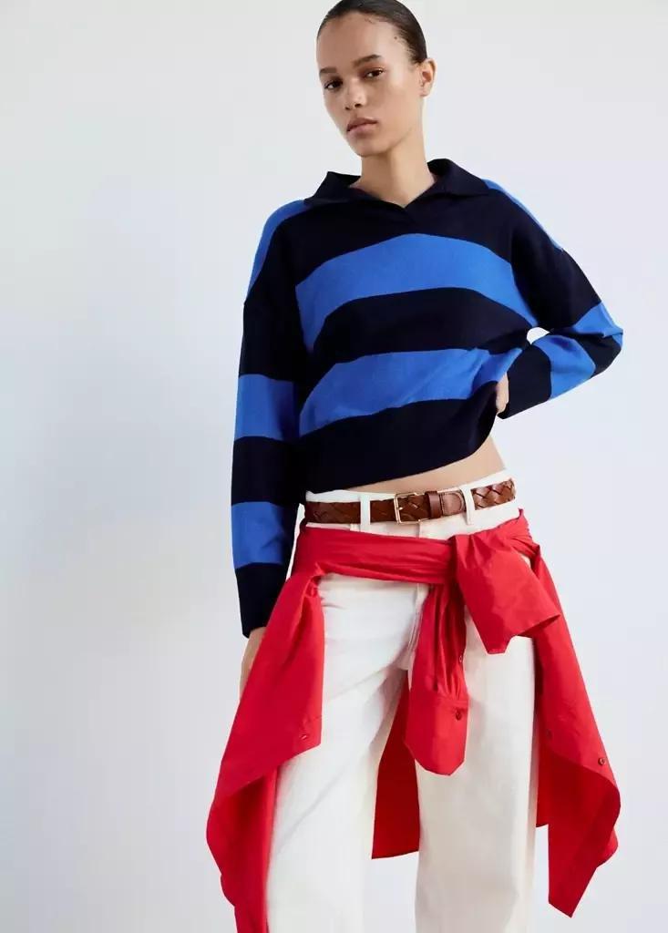 Navy Striped Polo-Neck Sweater, Navy, medium