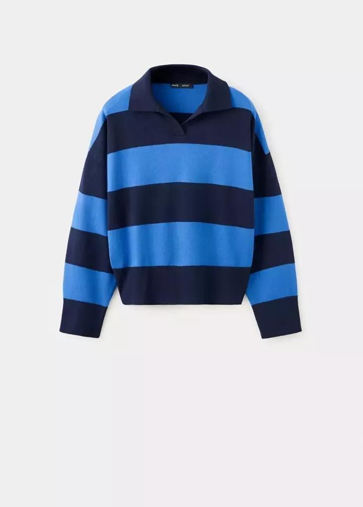 Navy Striped Polo-Neck Sweater, Navy, large image number 4
