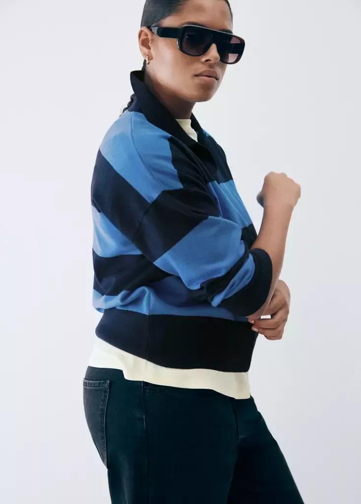 Navy Striped Polo-Neck Sweater, Navy, large image number 7