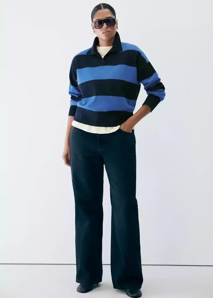 Navy Striped Polo-Neck Sweater, Navy, large image number 8