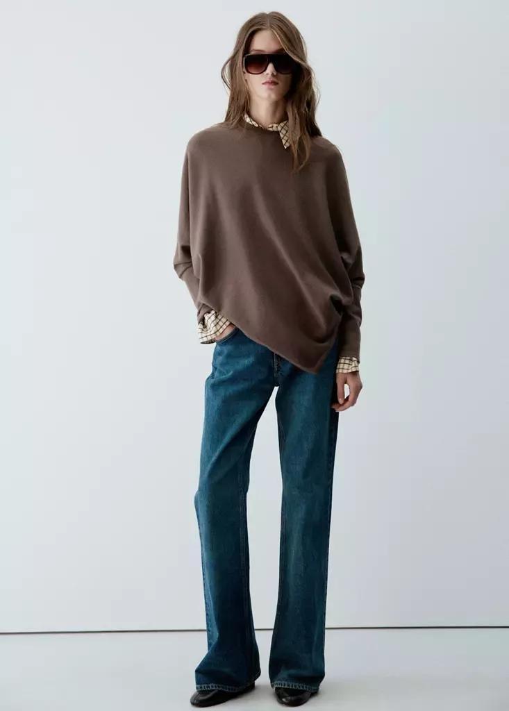 Brown Asymmetric Hem Sweater, Dark Brown, large image number 0