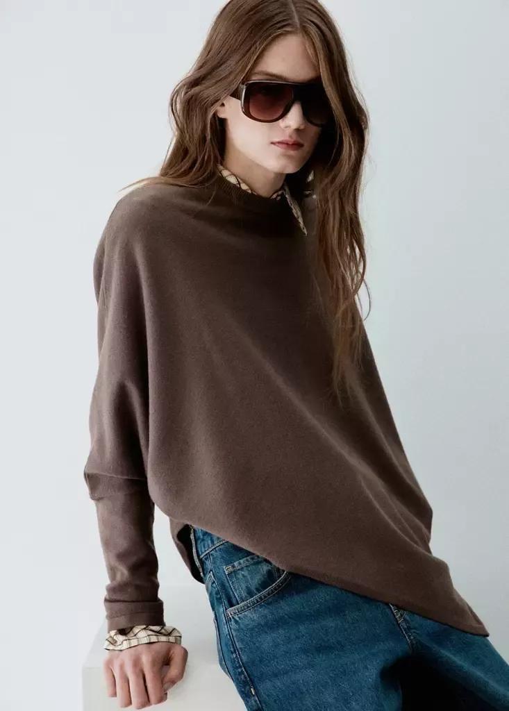 Brown Asymmetric Hem Sweater, Dark Brown, medium
