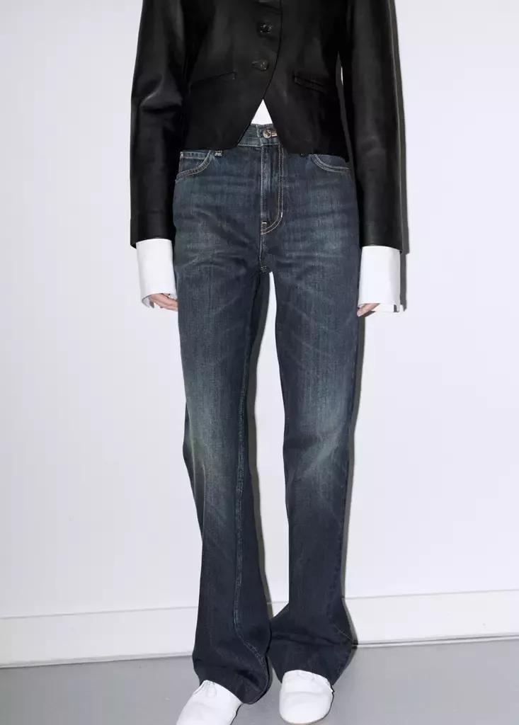 Blue Distressed Flare Jeans, Open Blue, large image number 1