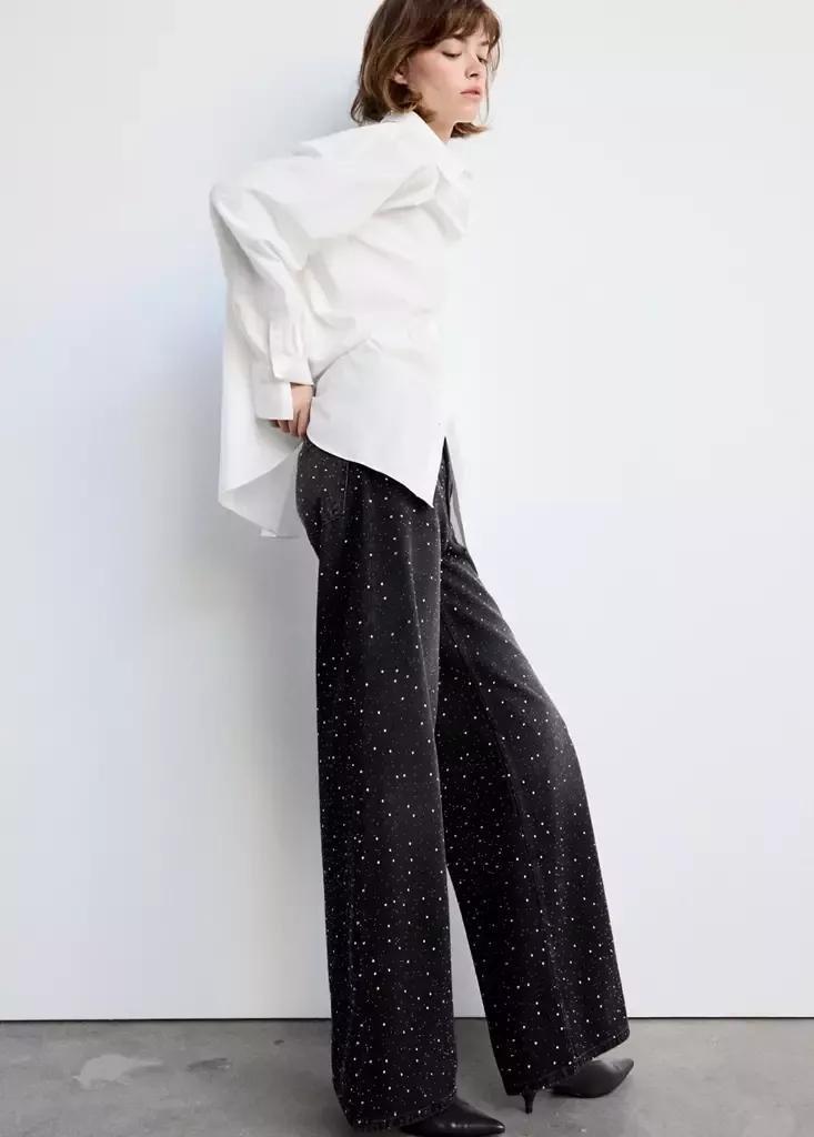 Black Denim Wide Leg Jeans With Rhinestones, Open Grey, medium