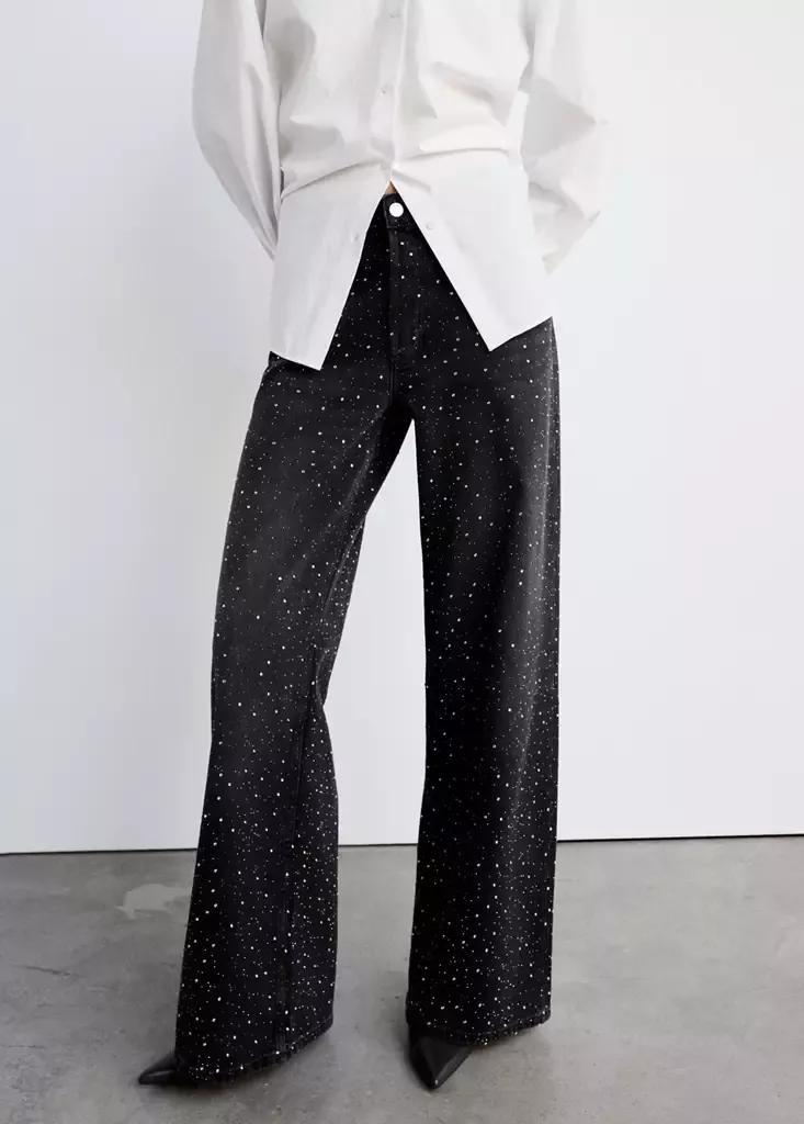 Black Denim Wide Leg Jeans With Rhinestones, Open Grey, large image number 1