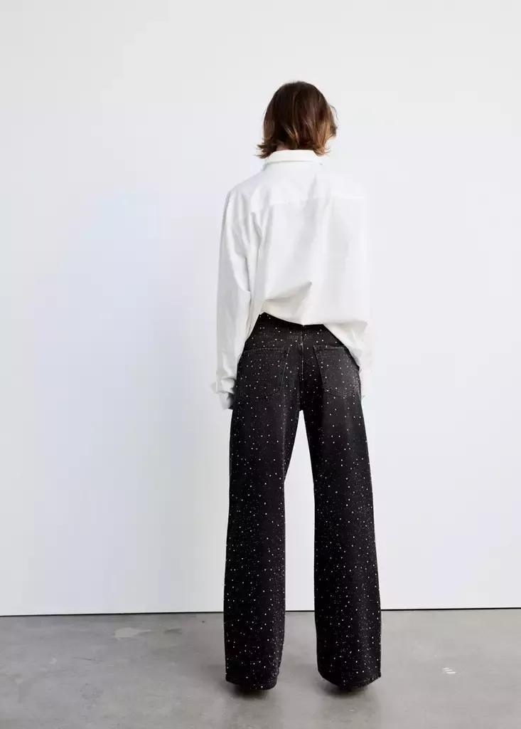 Black Denim Wide Leg Jeans With Rhinestones, Open Grey, medium