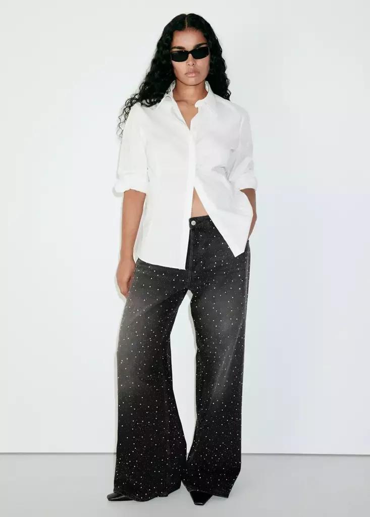 Black Denim Wide Leg Jeans With Rhinestones, Open Grey, large image number 9