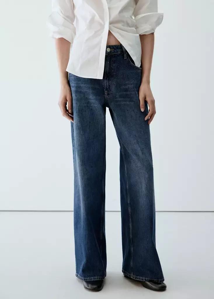 Blue Wide Leg Jeans With Rhinestones, Open Blue, medium