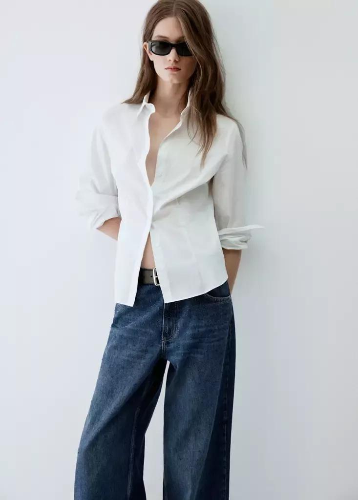 Blue Wide Leg Jeans With Rhinestones, Open Blue, large image number 3