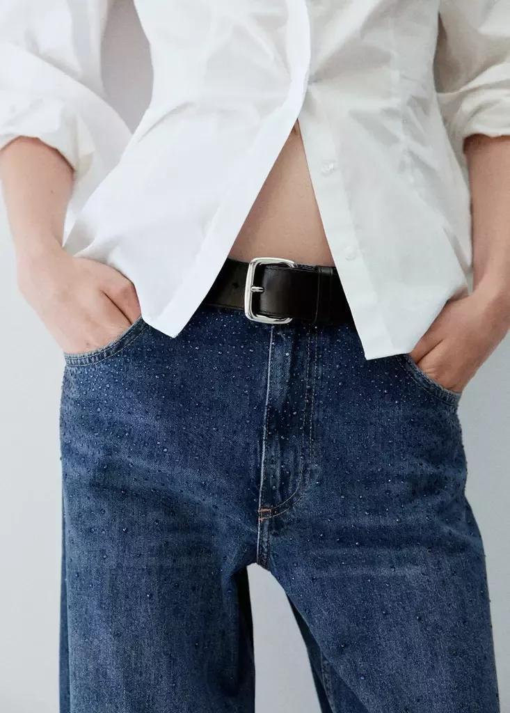 Blue Wide Leg Jeans With Rhinestones, Open Blue, large image number 4