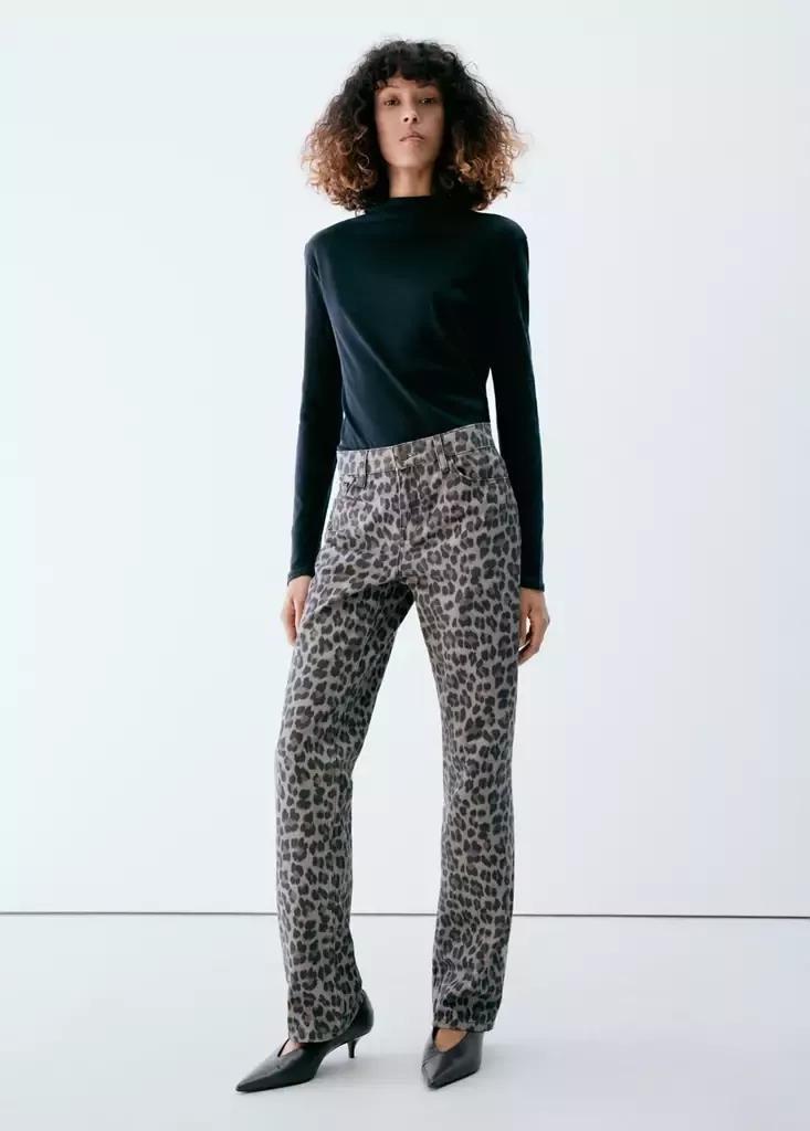 Grey Leopard-Print Straight Jeans, Open Grey, large image number 0
