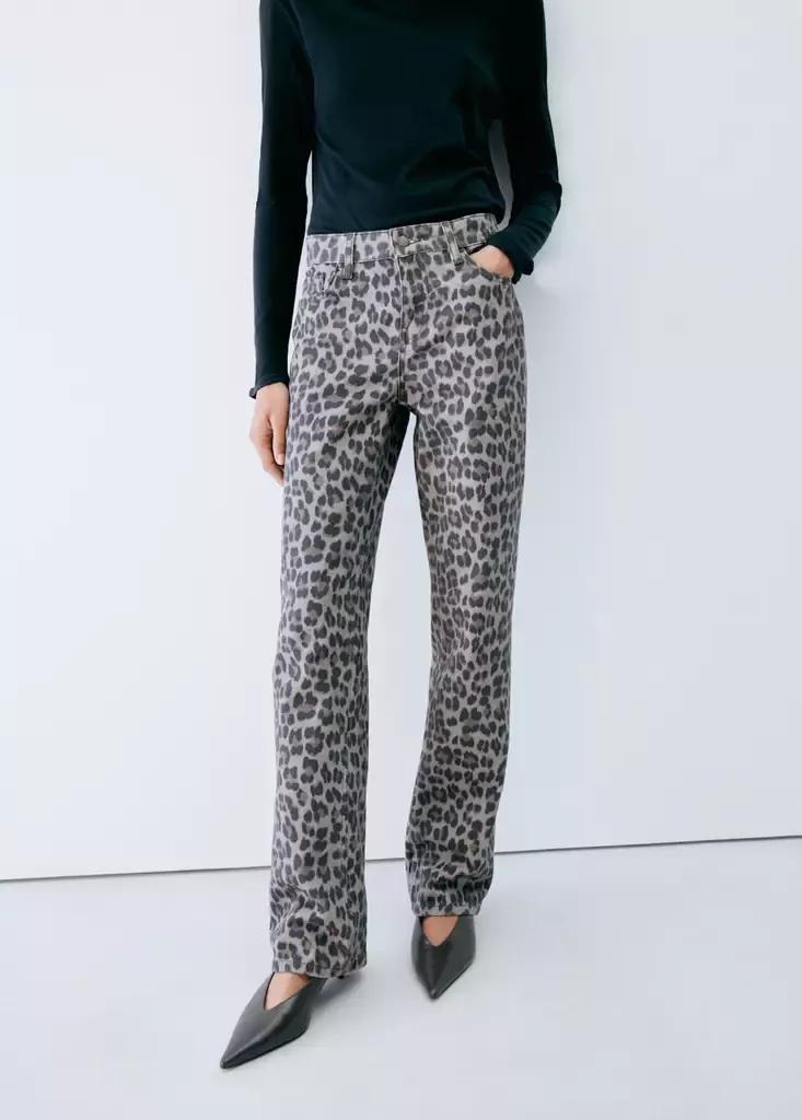 Grey Leopard-Print Straight Jeans, Open Grey, medium