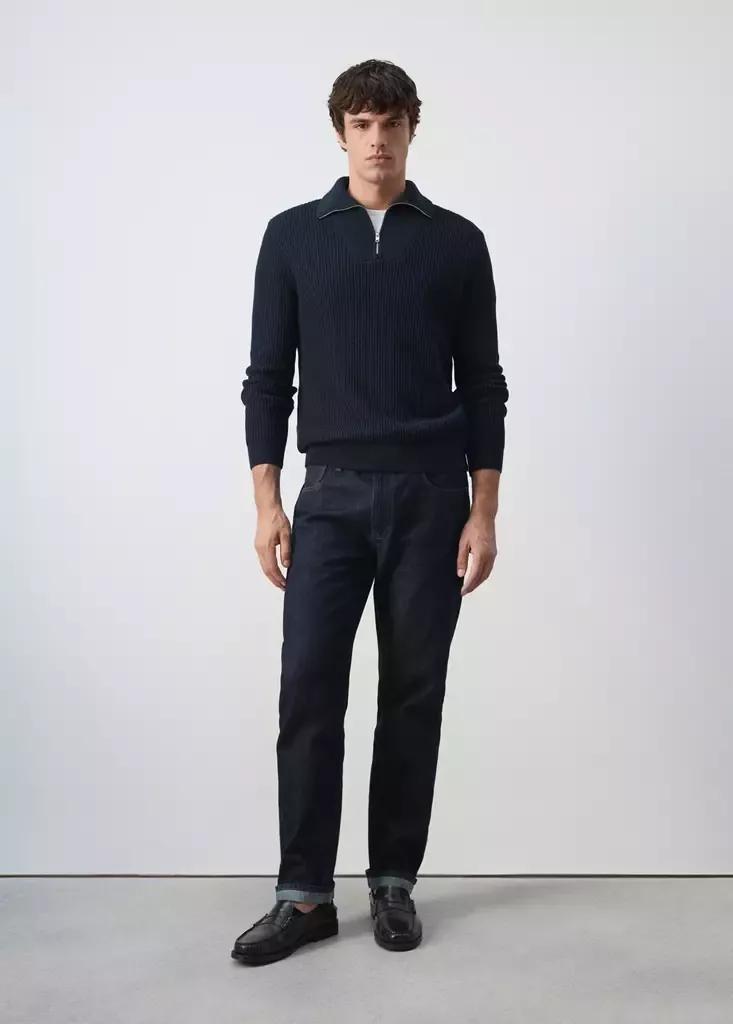 Navy Fine-Knit Cotton Ribbed Zip-Up Jumper, Navy, large image number 0