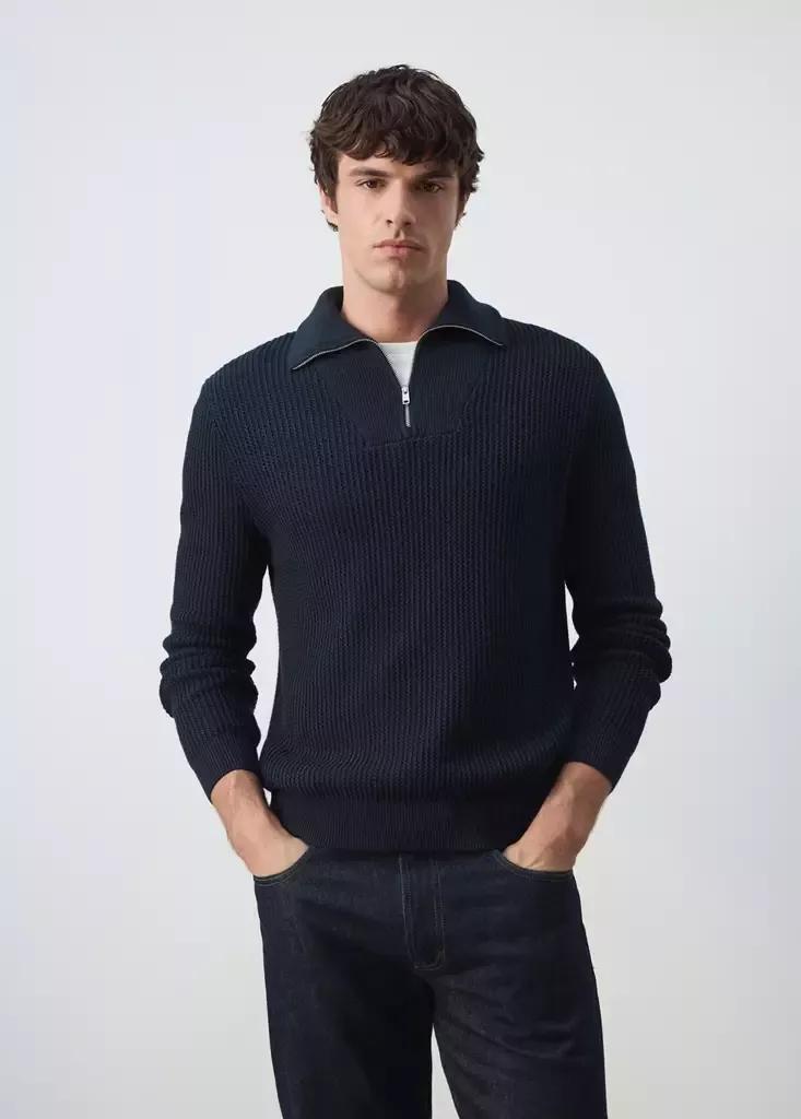 Navy Fine-Knit Cotton Ribbed Zip-Up Jumper, Navy, large image number 1