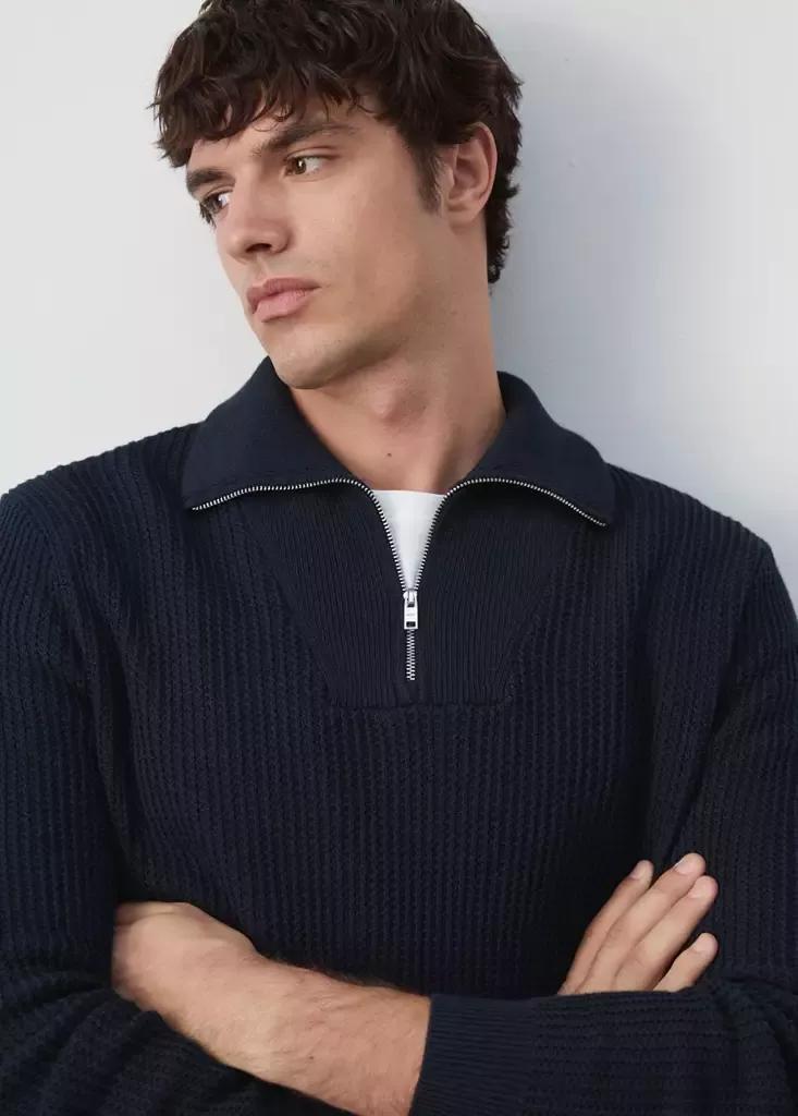 Navy Fine-Knit Cotton Ribbed Zip-Up Jumper, Navy, large image number 3