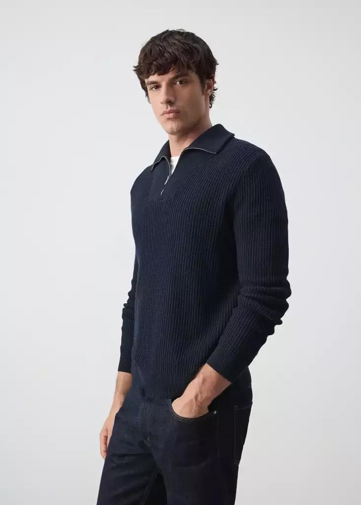 Navy Fine-Knit Cotton Ribbed Zip-Up Jumper, Navy, large image number 4