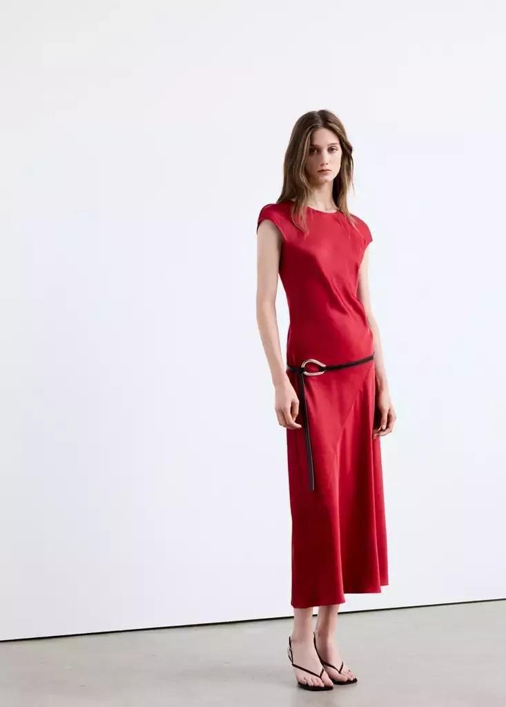 Red Short-Sleeved Dress With Asymmetric Seams, Red, large image number 0