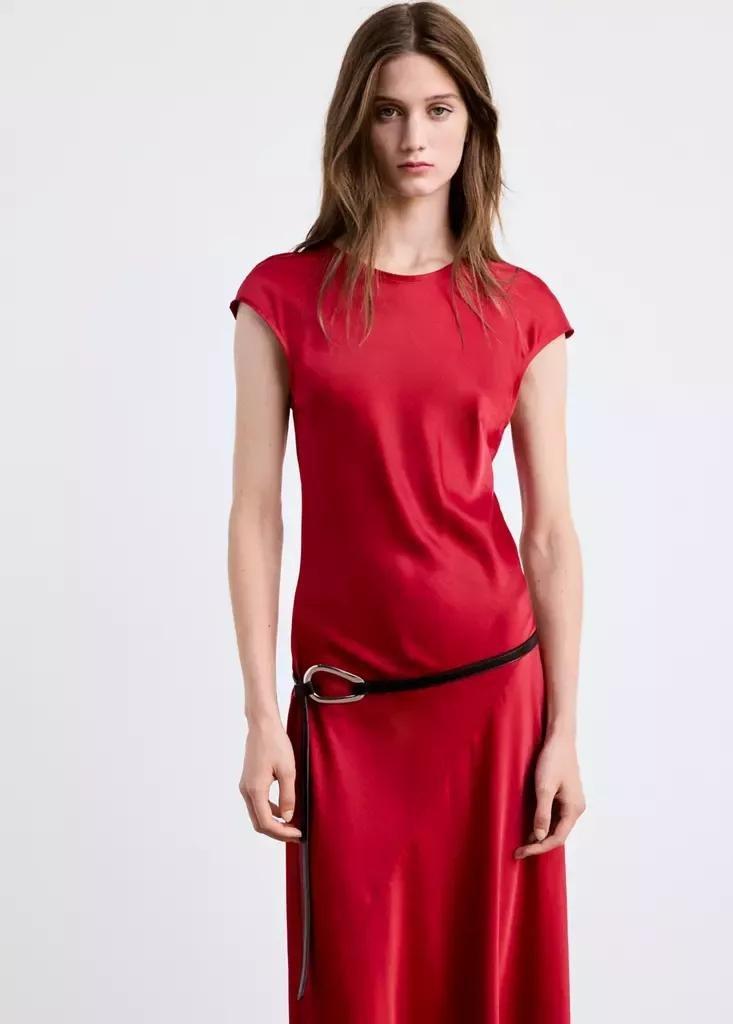 Red Short-Sleeved Dress With Asymmetric Seams, Red, medium
