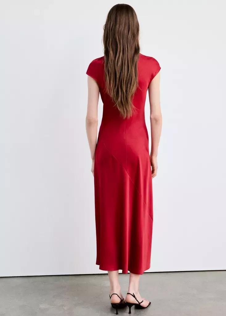Red Short-Sleeved Dress With Asymmetric Seams, Red, large image number 2