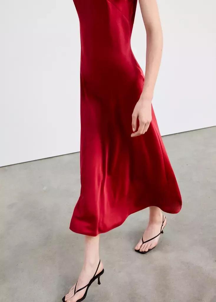 Red Short-Sleeved Dress With Asymmetric Seams, Red, large image number 3