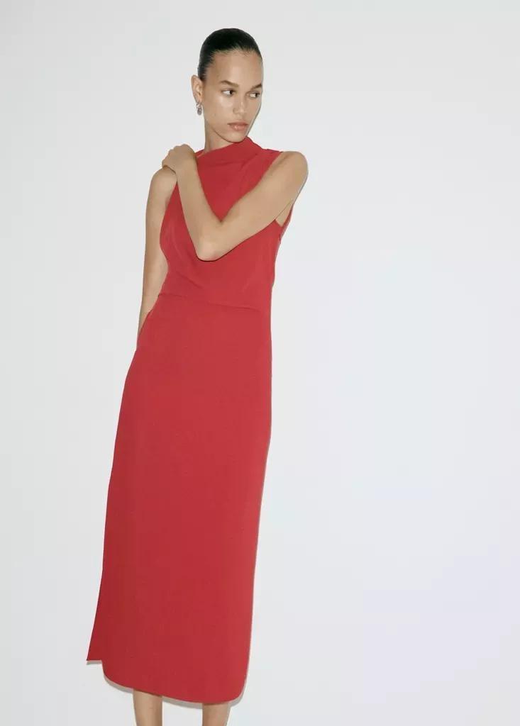 Red Draped Dress With Side-Slit, , medium