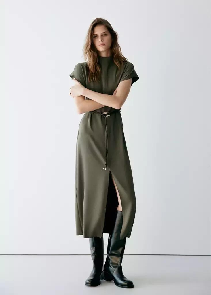 Brown High-Neck Dress With Belt, Brown, medium