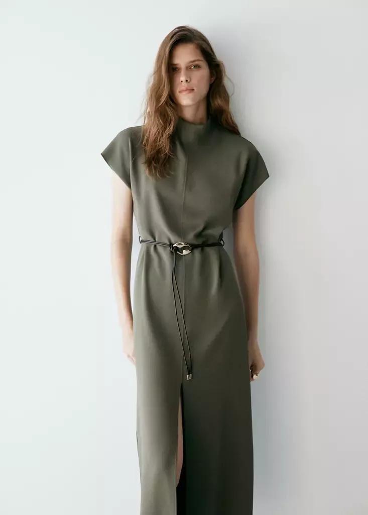 Brown High-Neck Dress With Belt, Brown, medium