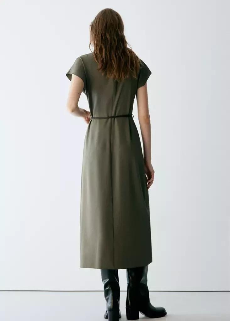 Brown High-Neck Dress With Belt, Brown, medium