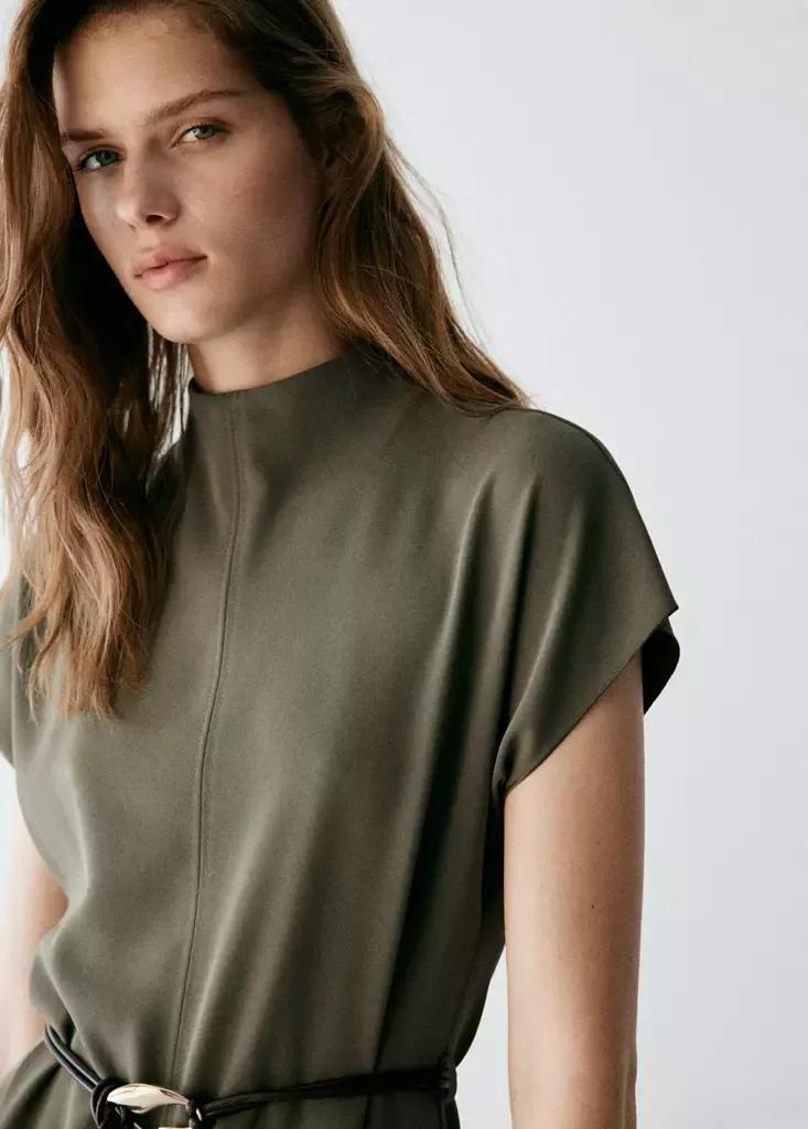 Brown High-Neck Dress With Belt, Brown, large image number 3
