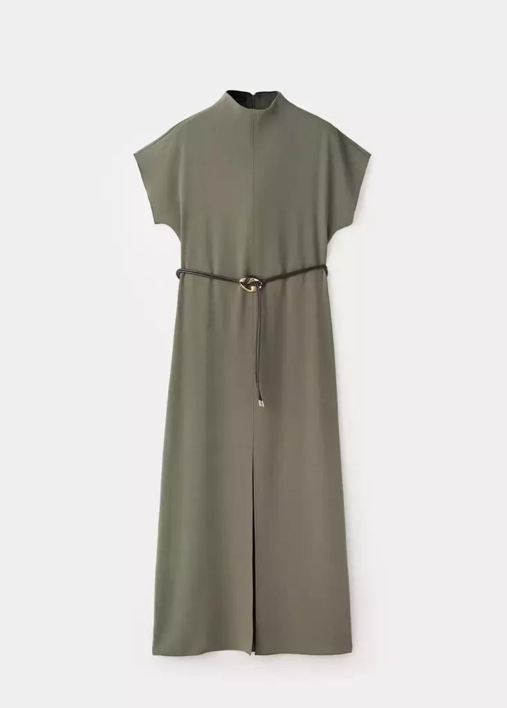 Brown High-Neck Dress With Belt, Brown, large image number 4