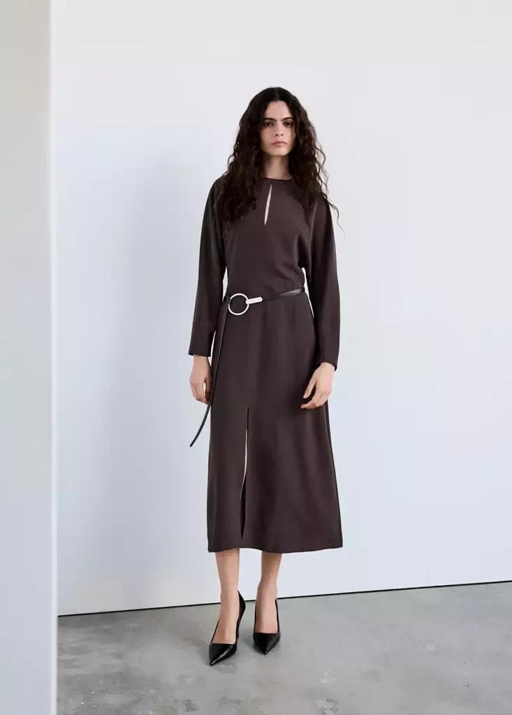 Brown Long-Sleeve Dress With Side Slits, Dark Brown, large image number 0