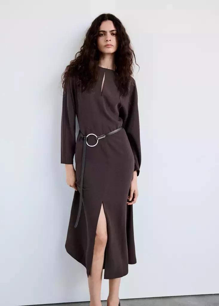 Brown Long-Sleeve Dress With Side Slits, Dark Brown, medium