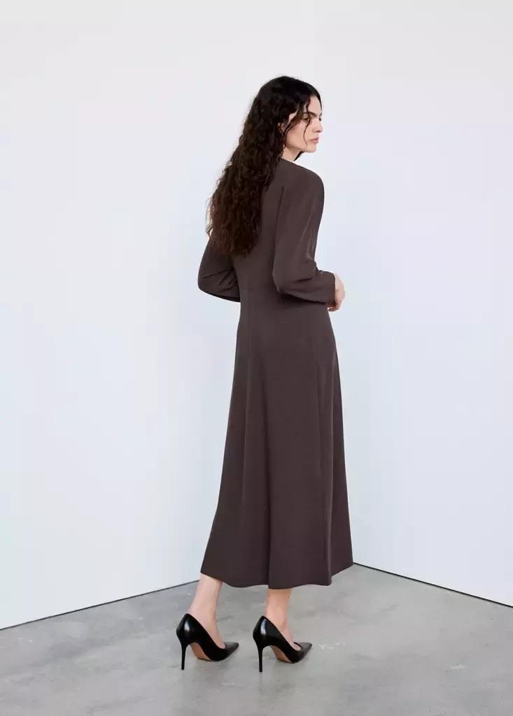 Brown Long-Sleeve Dress With Side Slits, Dark Brown, medium
