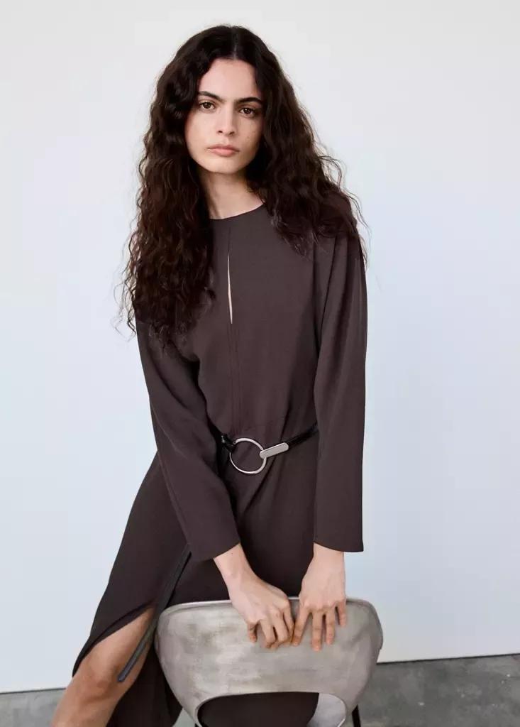 Brown Long-Sleeve Dress With Side Slits, Dark Brown, large image number 3
