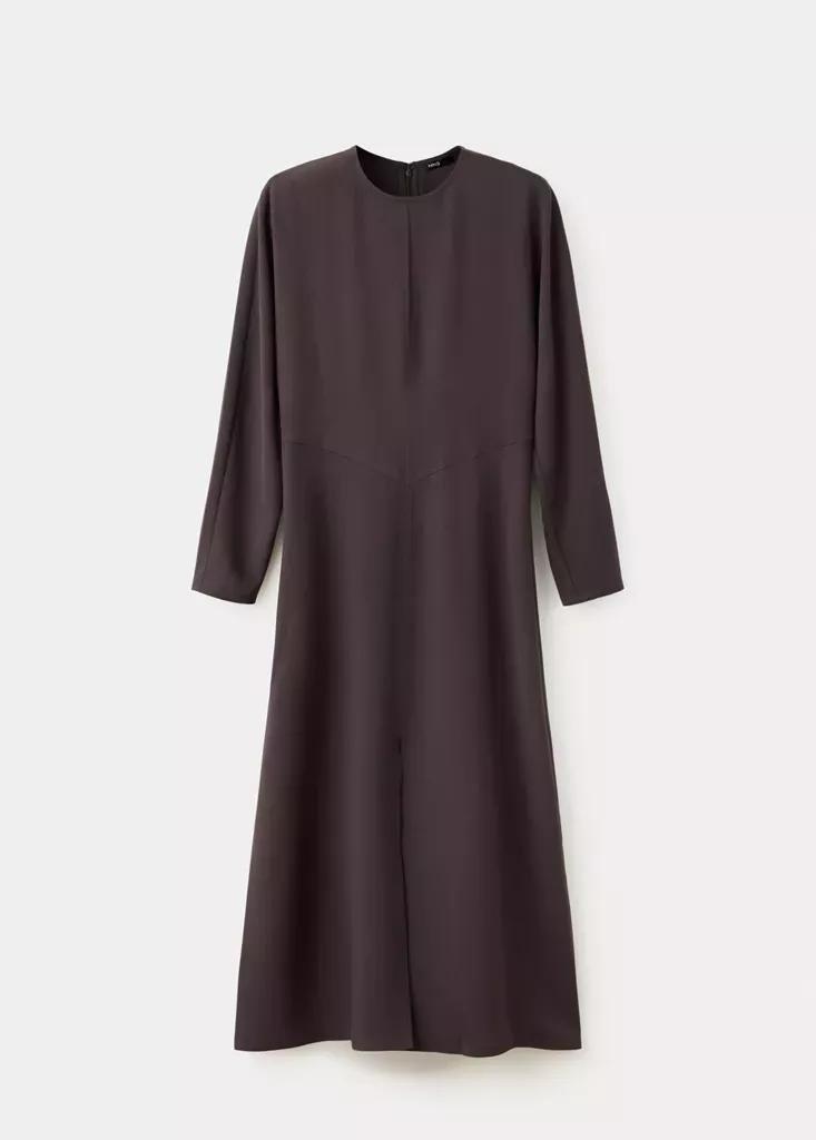 Brown Long-Sleeve Dress With Side Slits, Dark Brown, large image number 4